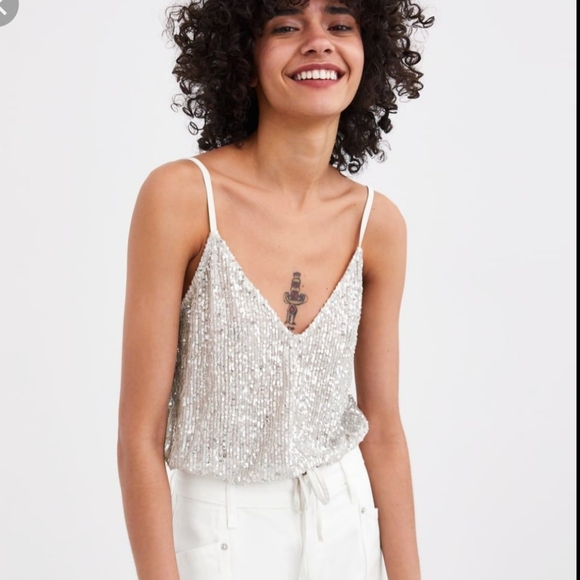 Zara | Tops | Zara Silver Sequin Sheer Cropped Tank Top | Poshmark